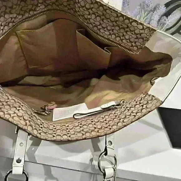 Coach Brown White Jacquard Leather Signature Tote Purse Shoulder Bag - Picture 8 of 10